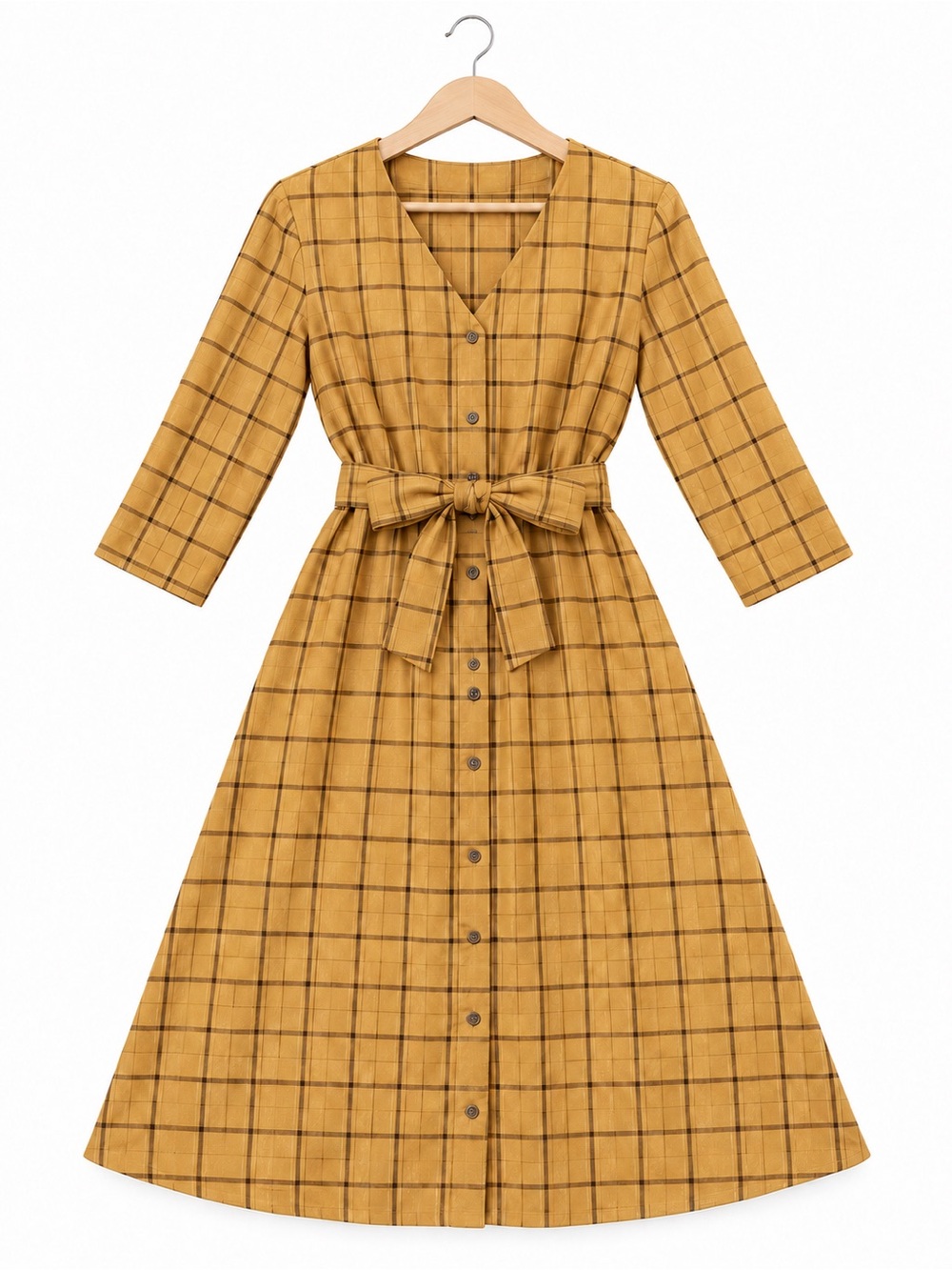 🖤 Cottage-core Golden Hour Mustard Plaid Belted Midi Dress | Small